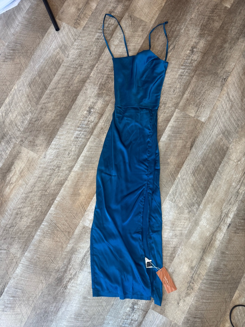 SHEIN Teal Satin Look Maxi Slip Dress with Spaghetti Straps, Corset Tie Back